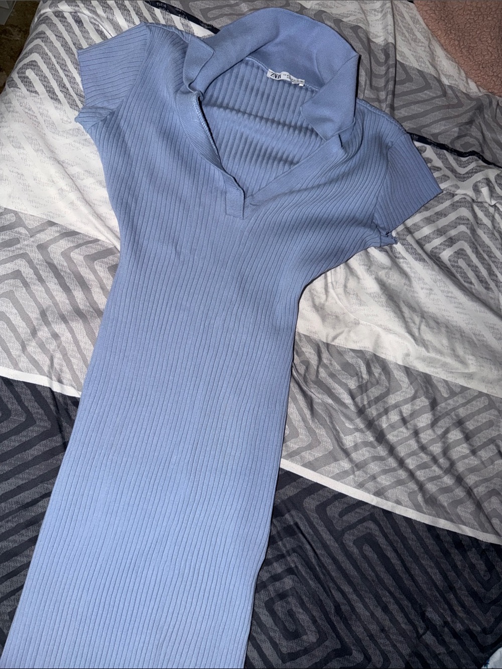 Zara Light Blue Ribbed Polo-Style Midi Dress